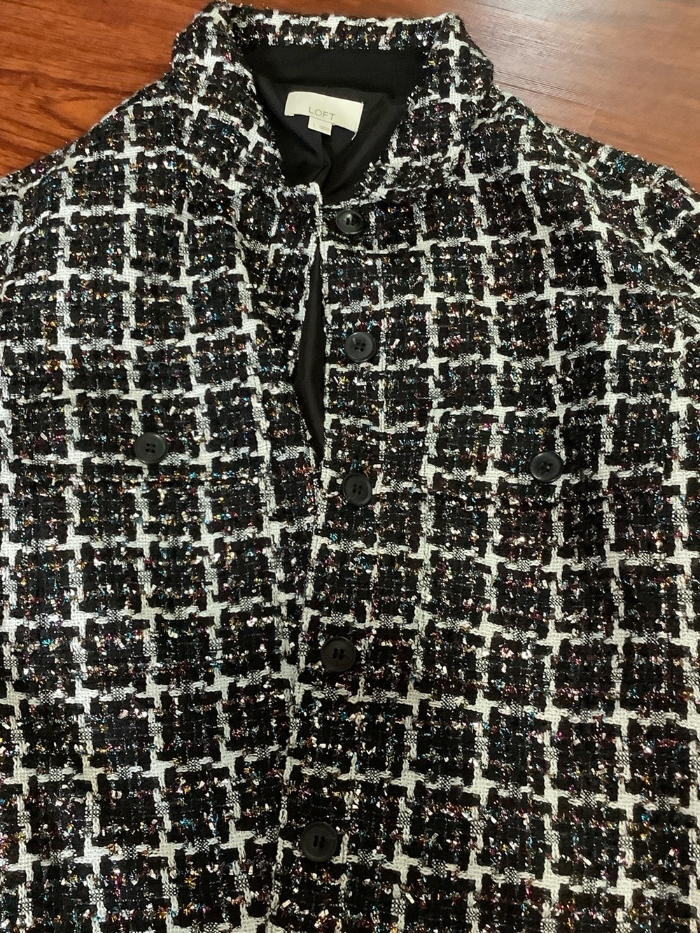 LOFT Black & White Tweed Cropped Blazer with Multicolor Sparkle